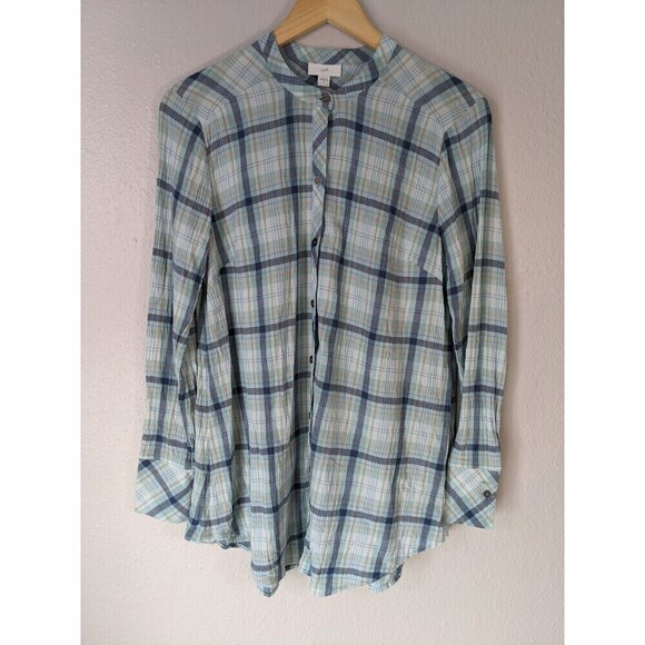 J.Jill Seafoam Blue Plaid Crinkled Button Down Shirt Size Small - Picture 1 of 7